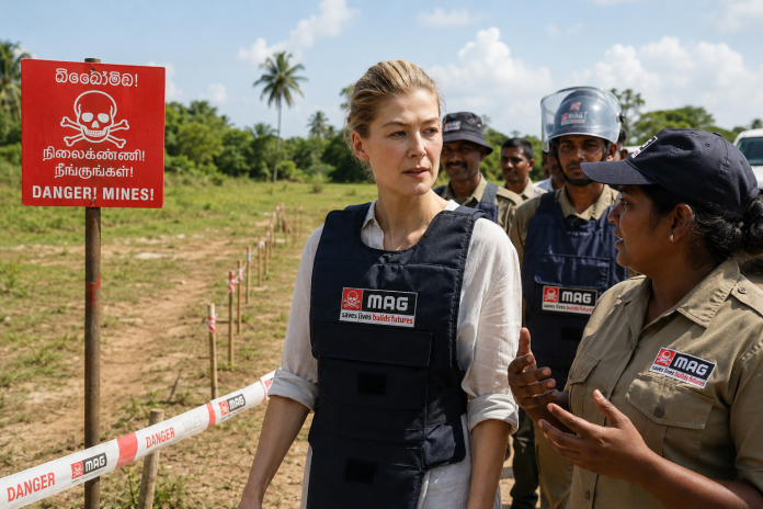 Rosamund Pike visits Sri Lanka to observe humanitarian landmine clearance operations