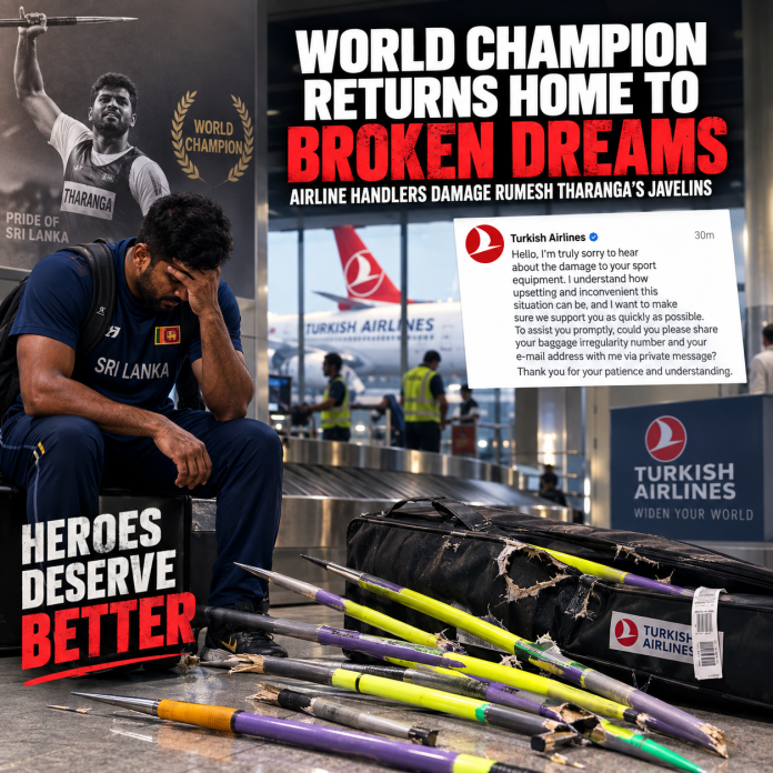 ri Lankan world champion Rumesh Tharanga’s javelins were damaged during a Turkish Airlines journey, sparking criticism over the handling of his vital sports equipment.