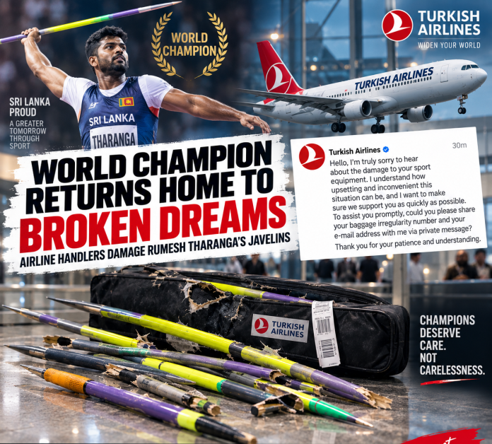 Sri Lankan world champion Rumesh Tharanga’s javelins were damaged during a Turkish Airlines journey, sparking criticism over the handling of his vital sports equipment.